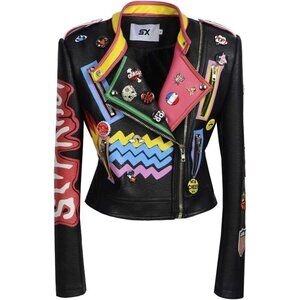 Women's Punk Floral Embroidered short Faux Leather Jacket Moto PU Coat.